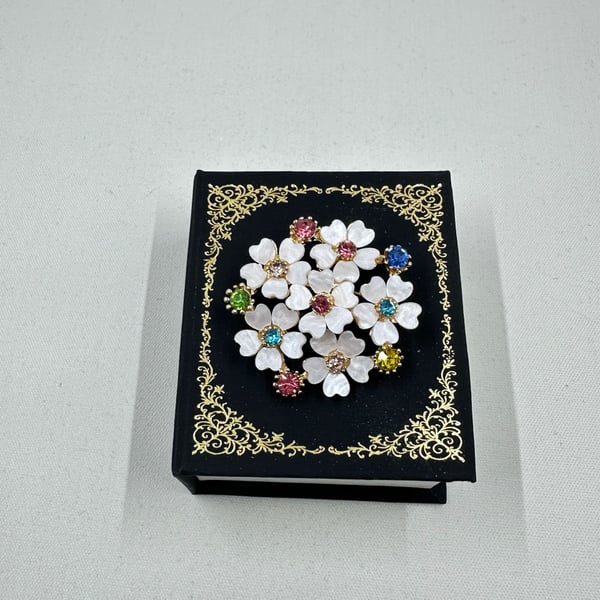 Vintage White Floral Rhinestone Brooch Multicolor Gold Tone Statement Pin
