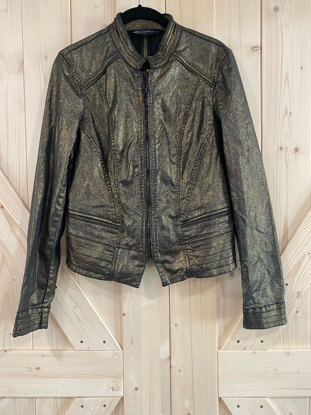 White House Black Market Moto Jacket Size 8 Gold Foil Black 2