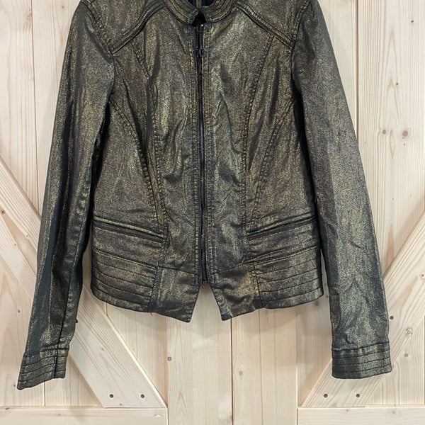 White House Black Market Moto Jacket Size 8 Gold Foil Black