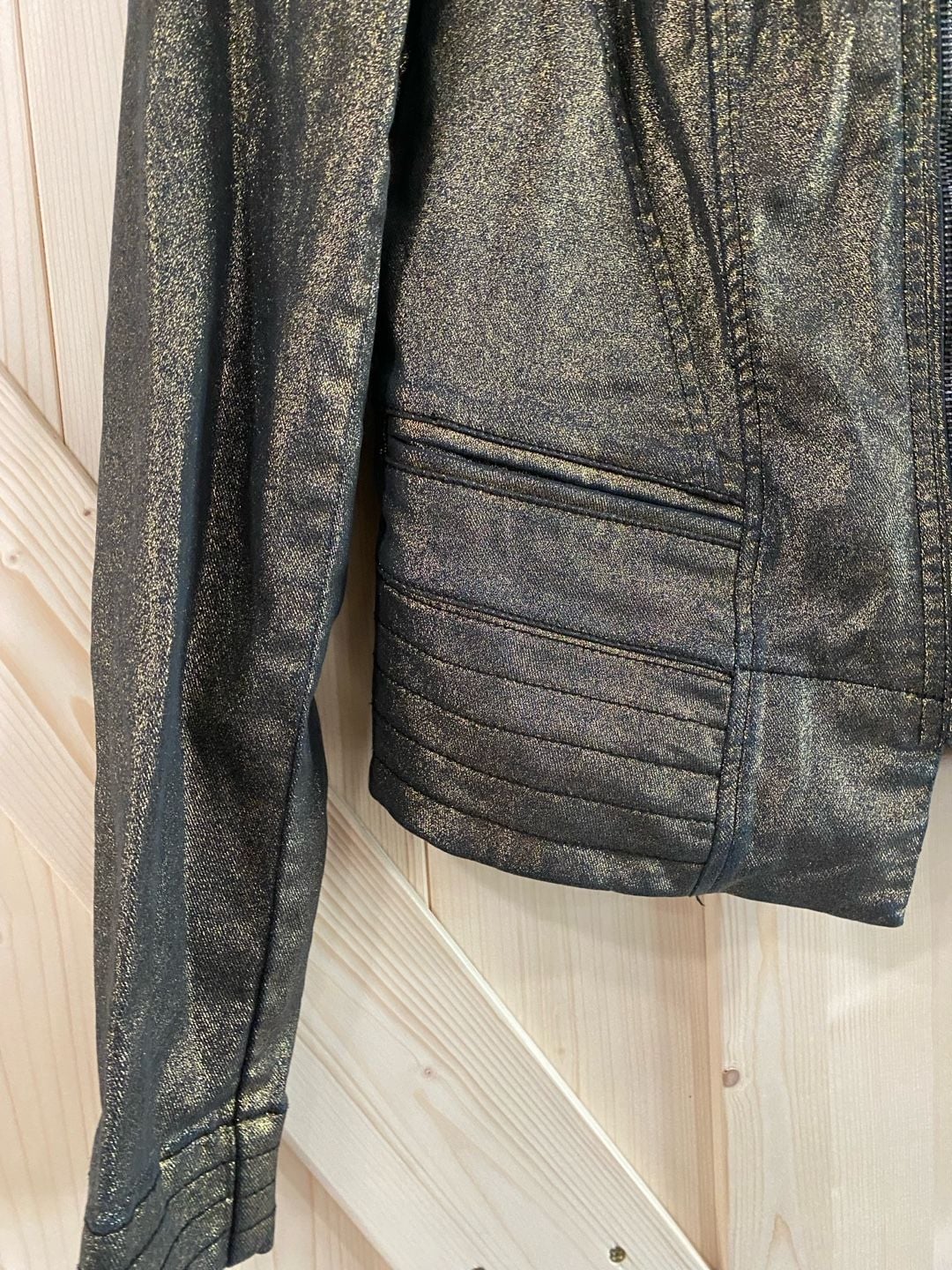 White House Black Market Moto Jacket Size 8 Gold Foil Black 3