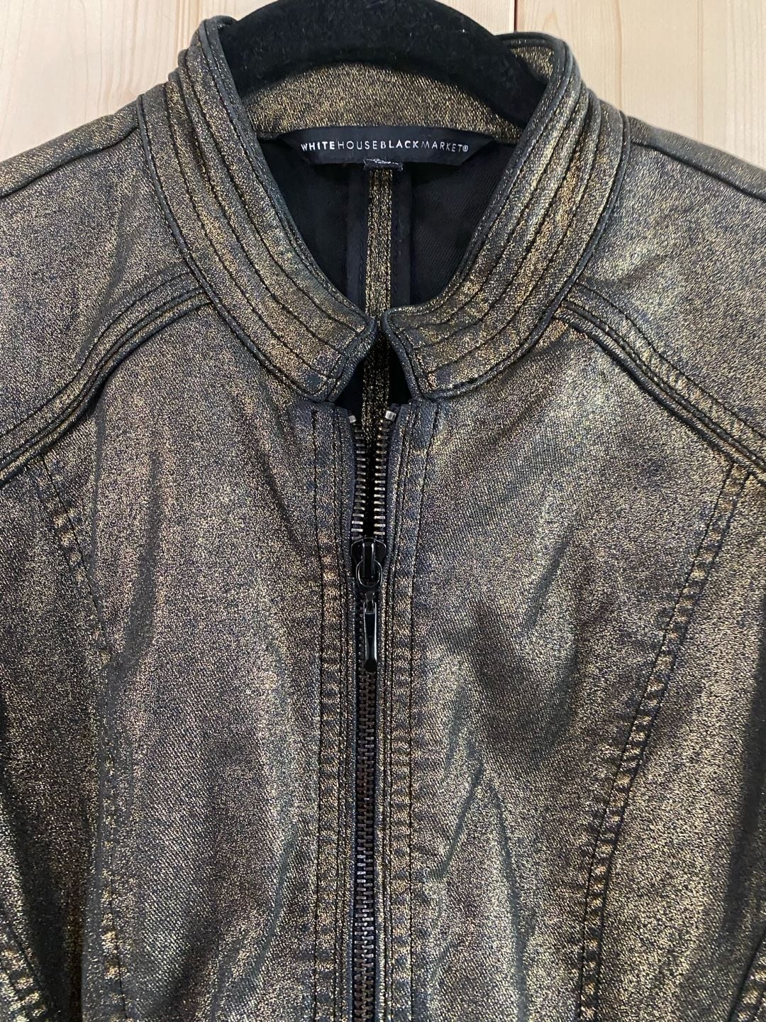 White House Black Market Moto Jacket Size 8 Gold Foil Black 4