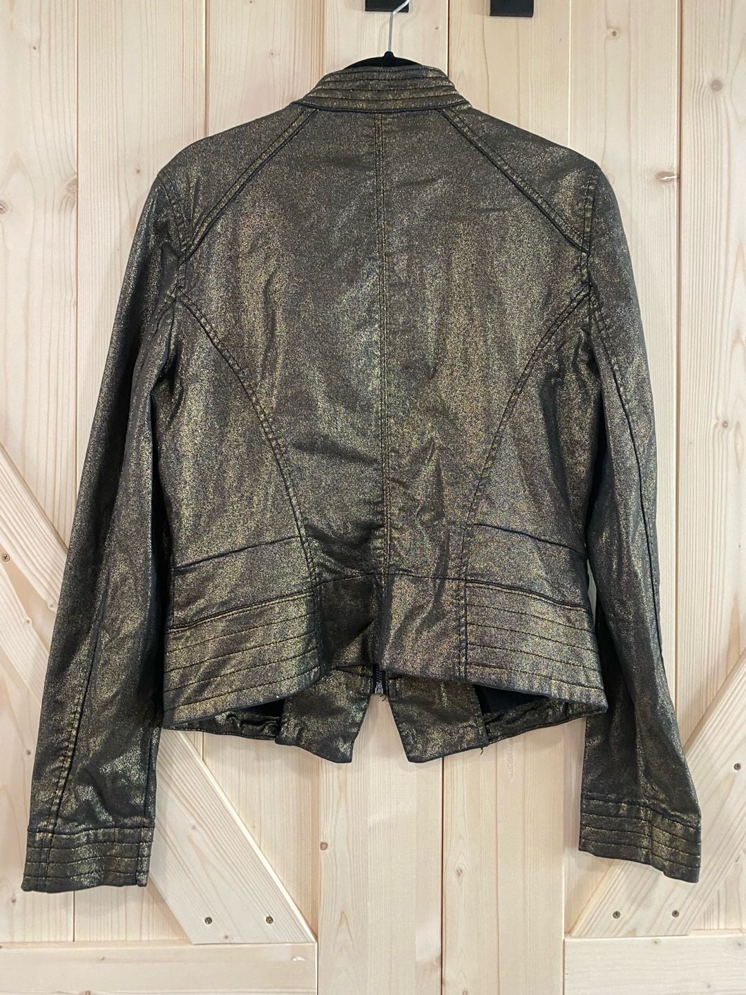 White House Black Market Moto Jacket Size 8 Gold Foil Black 5