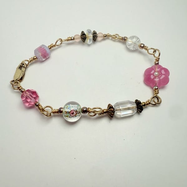 Handmade 14K Gold Filled Multi-Color Crystal Flower Beaded Bracelet 8 Inch