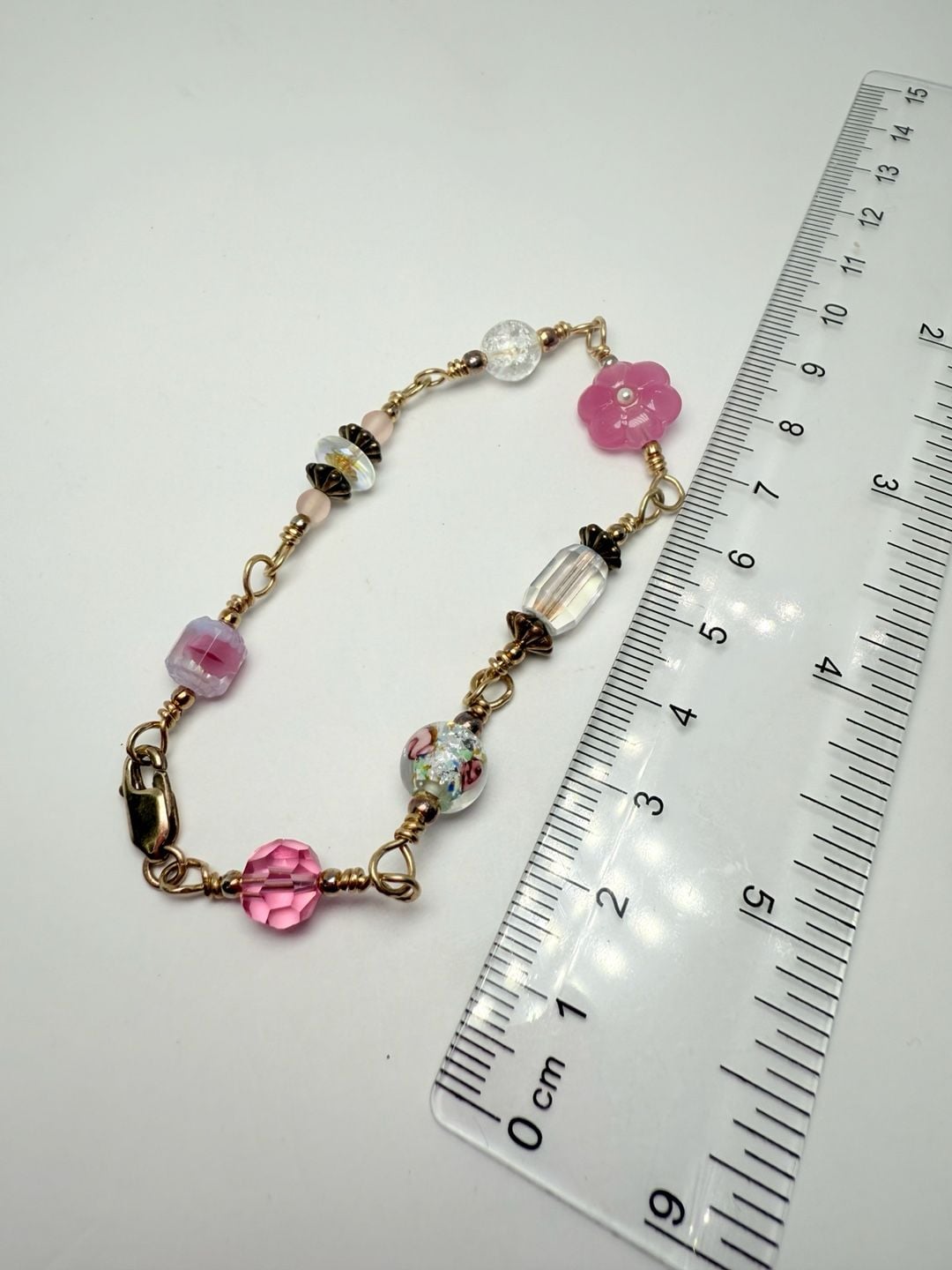 Handmade 14K Gold Filled Multi-Color Crystal Flower Beaded Bracelet 8 Inch 7