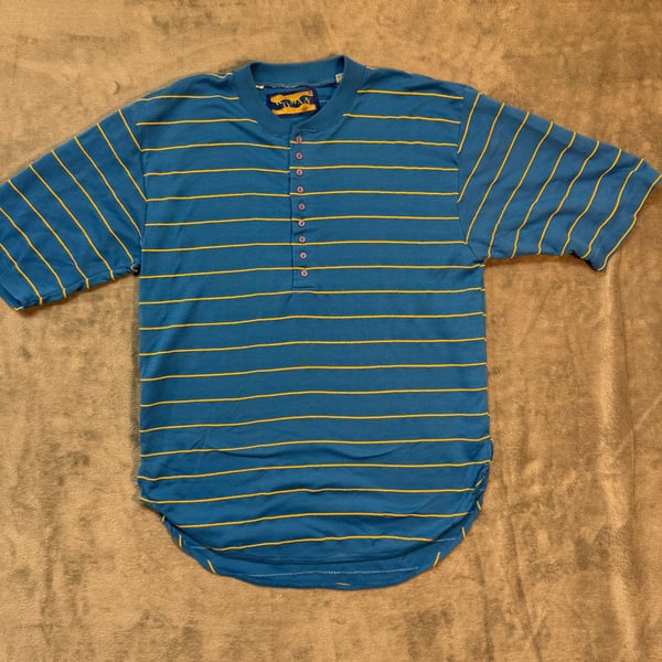 Koman Striped Henley Shirt Size S Blue Yellow Short Sleeve Vintage