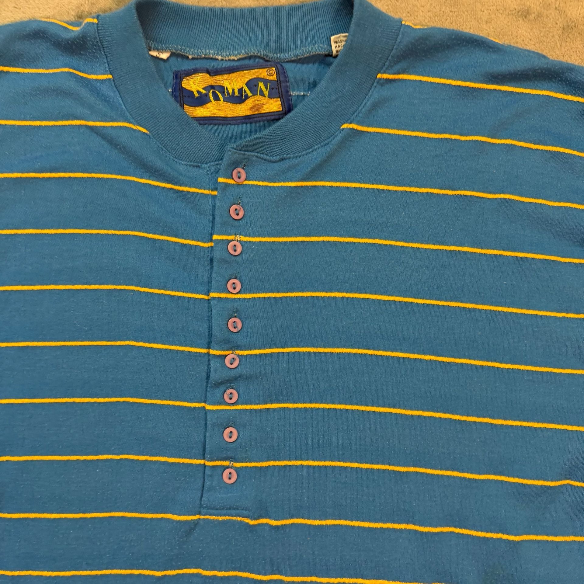 Koman Striped Henley Shirt Size S Blue Yellow Short Sleeve Vintage 5