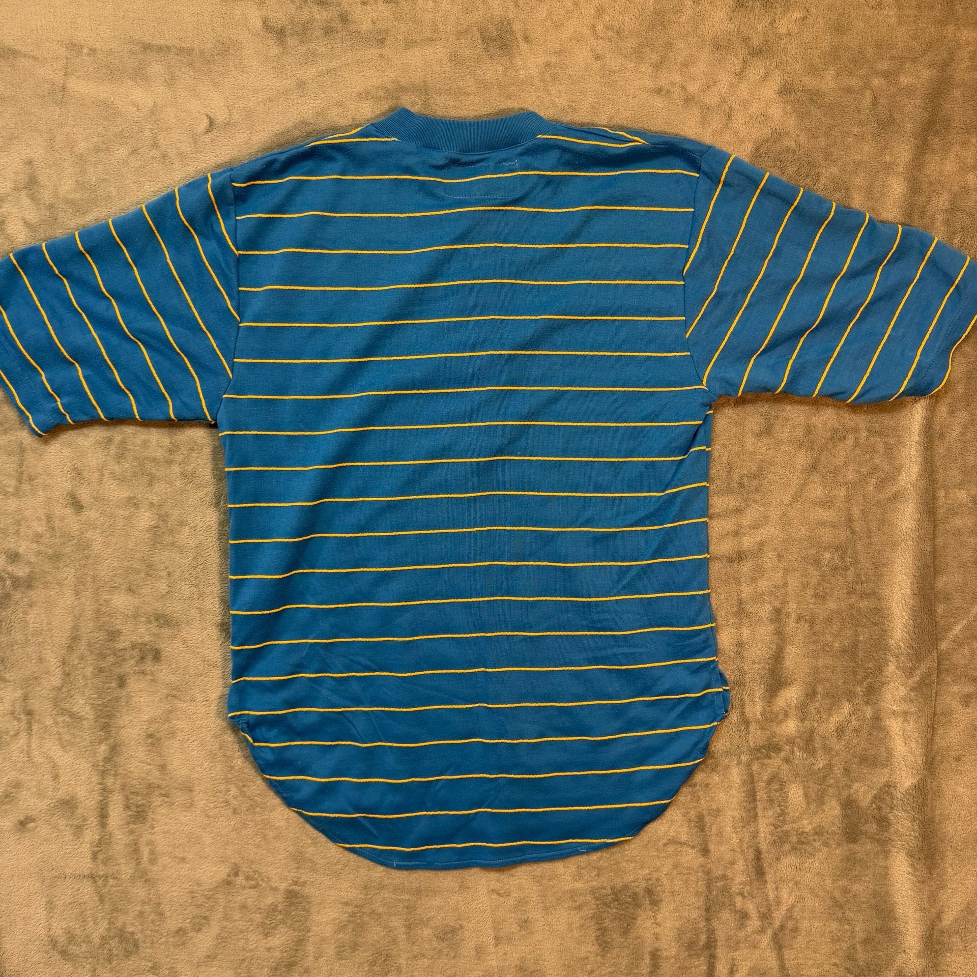 Koman Striped Henley Shirt Size S Blue Yellow Short Sleeve Vintage 9