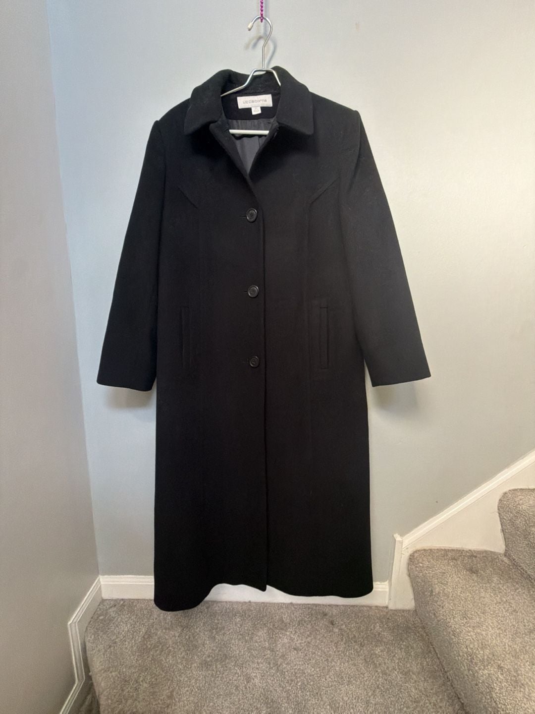 Liz Claiborne Wool Coat Size 14 Black Long Trench Jacket 2