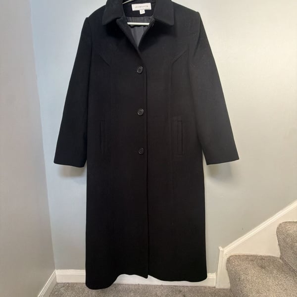 Liz Claiborne Wool Coat Size 14 Black Long Trench Jacket