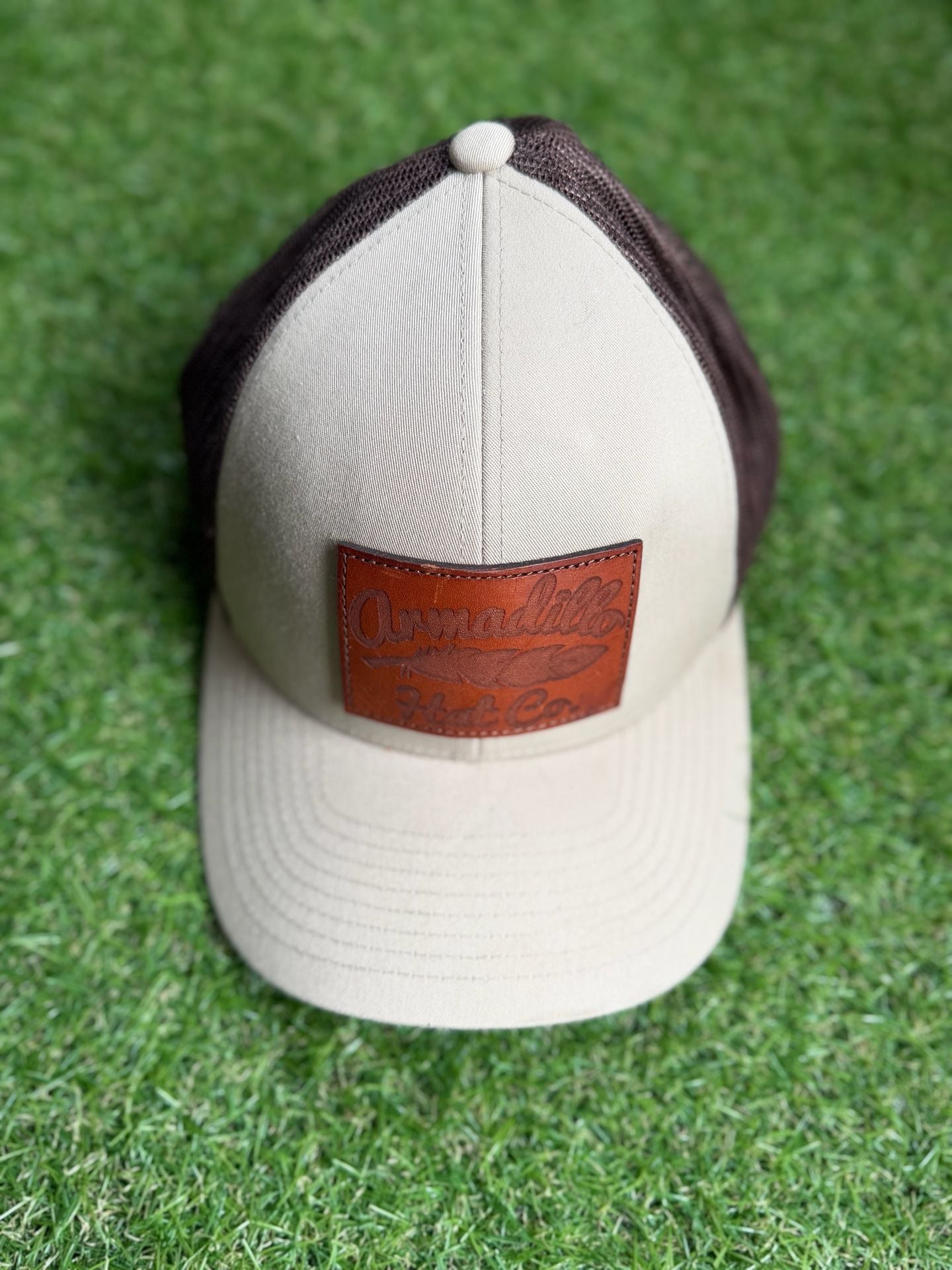 Armadillo Hat Co. Trucker Hat 104C Pro Model Tan Brown Leather Patch Snapback 2