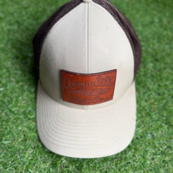 Armadillo Hat Co. Trucker Hat 104C Pro Model Tan Brown Leather Patch Snapback