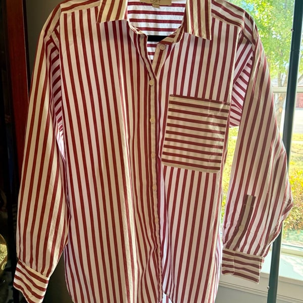 LOFT Striped Button Down Shirt Size S Red White Pocket Long Sleeve