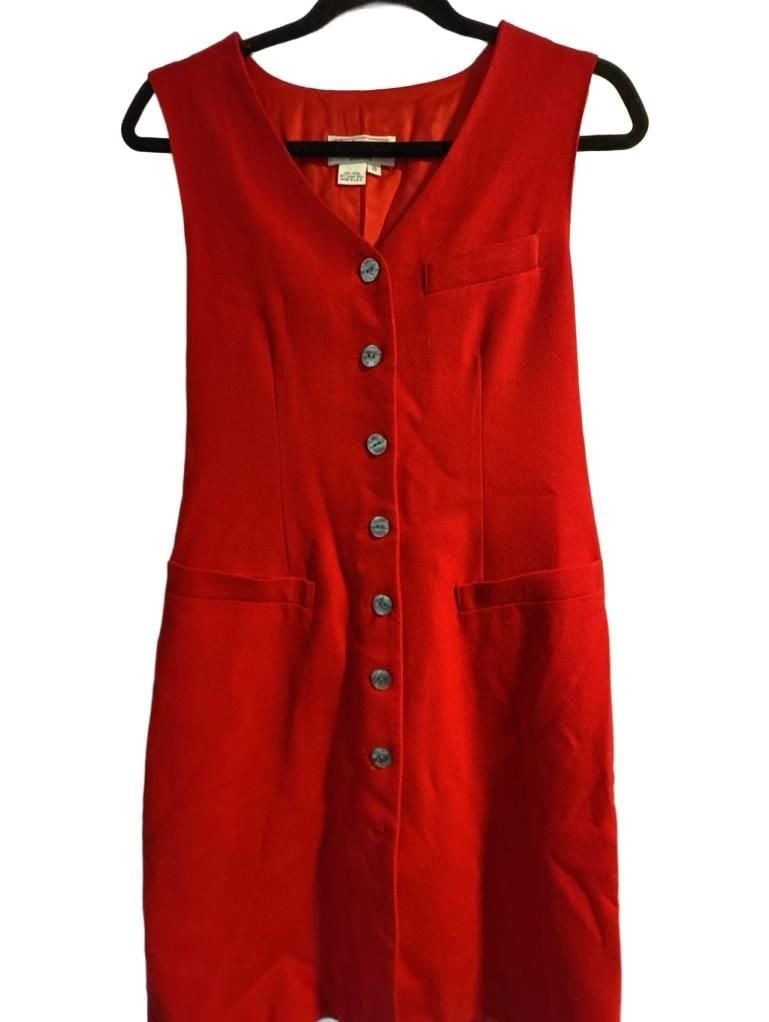 Talbots Oberon Wool Dress Size 8 Red V-Neck Button Front Sleeveless 2