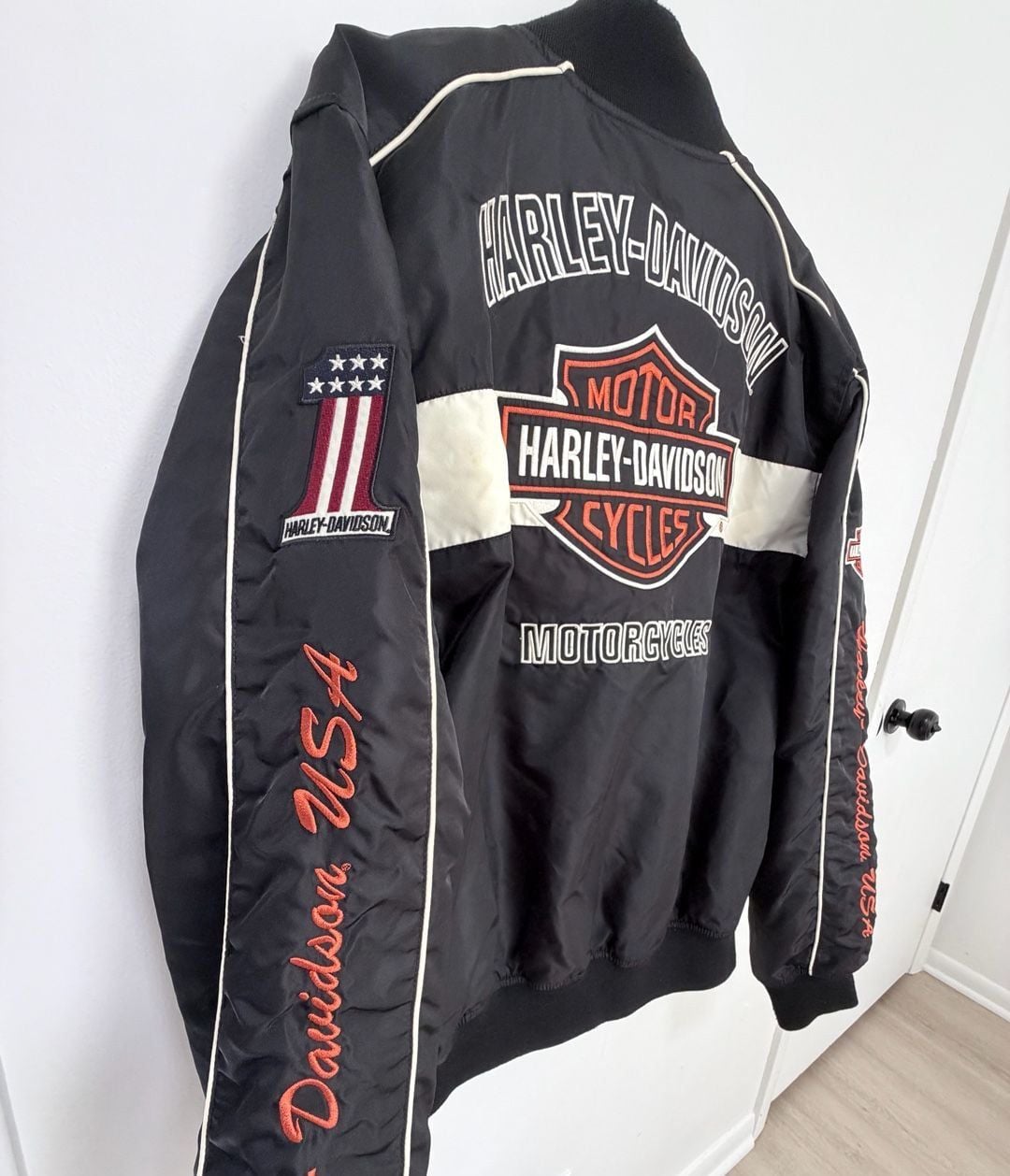 Vintage Harley Davidson Bomber Jacket Size L Black Nylon Embroidered 3