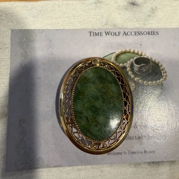 Sarah Coventry 12K Gold Filled Green Jade Filigree Brooch