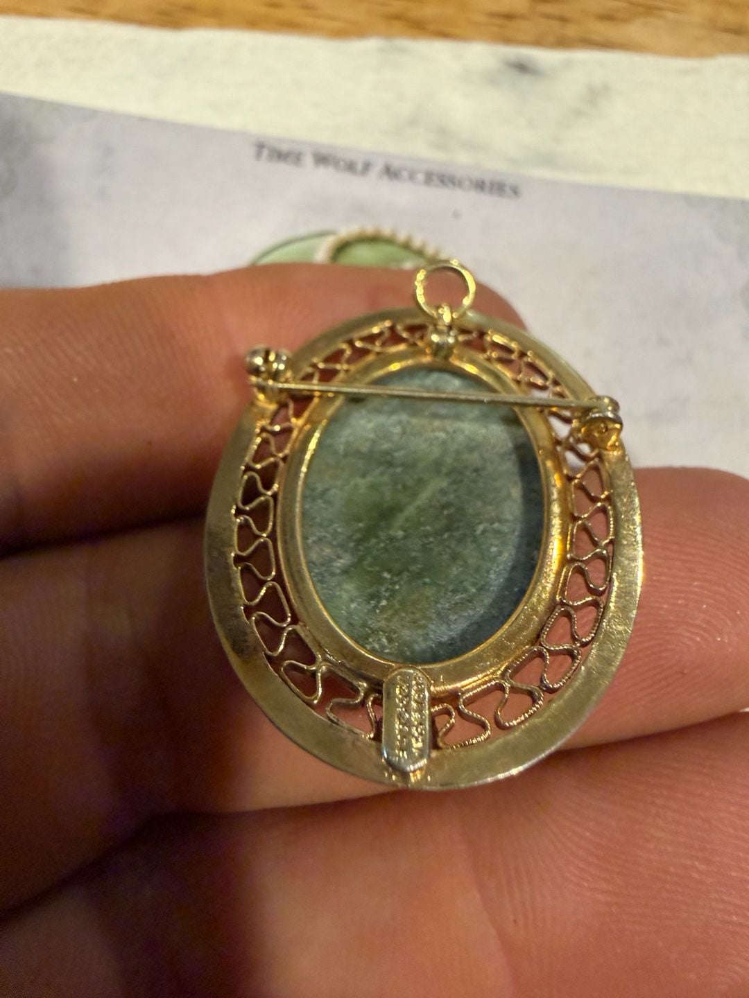 Sarah Coventry 12K Gold Filled Green Jade Filigree Brooch 7