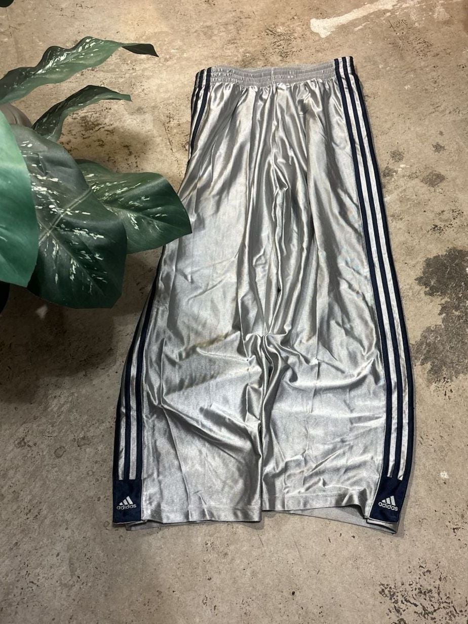 Adidas Metallic Silver Track Pants Size M Wide Leg Snap Buttons 2