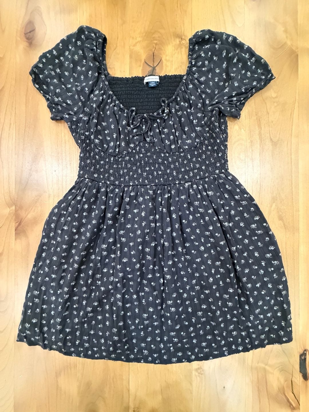 American Eagle Floral Smocked Mini Dress Size L Black 2