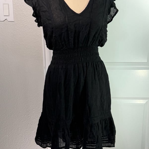 Rails Tara Smocked Mini Dress Size S Black Flutter Sleeve Lace Detail