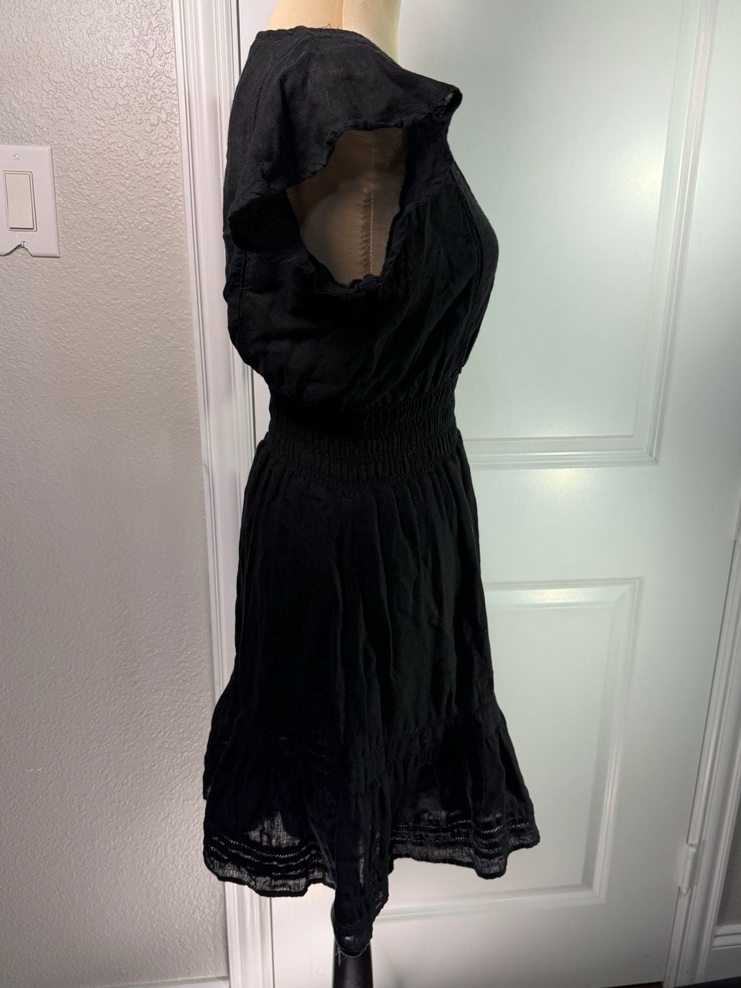 Rails Tara Smocked Mini Dress Size S Black Flutter Sleeve Lace Detail 6