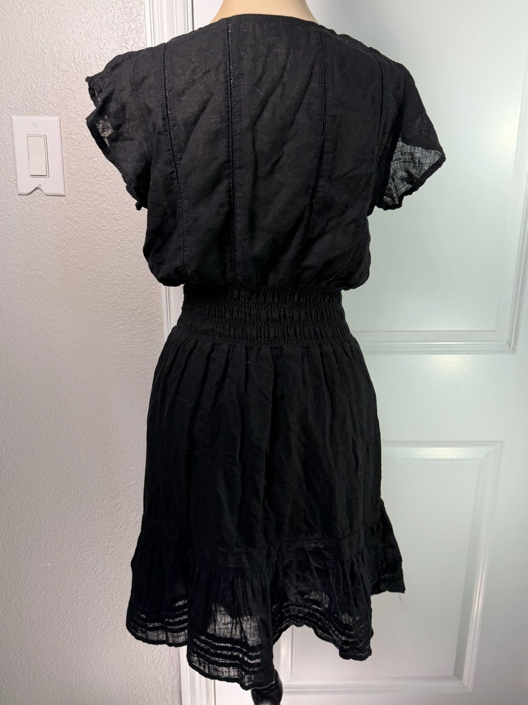 Rails Tara Smocked Mini Dress Size S Black Flutter Sleeve Lace Detail 7