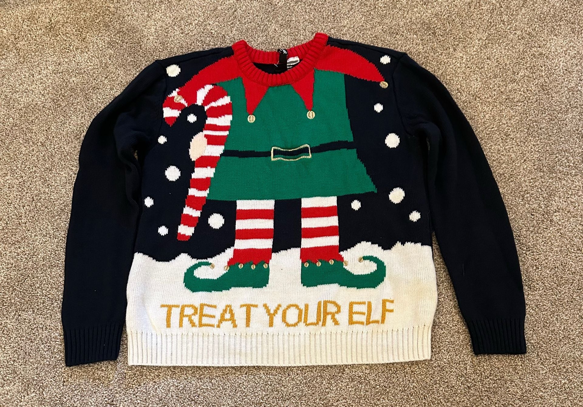 Divided Ugly Christmas Sweater Treat Your Elf Navy Blue 2