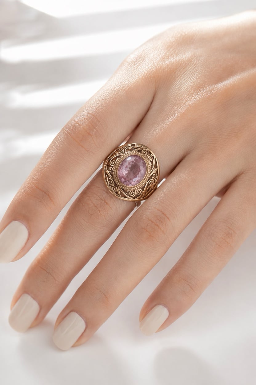 Vintage Filigree Amethyst Cocktail Ring Size 7 Pink Gemstone 2