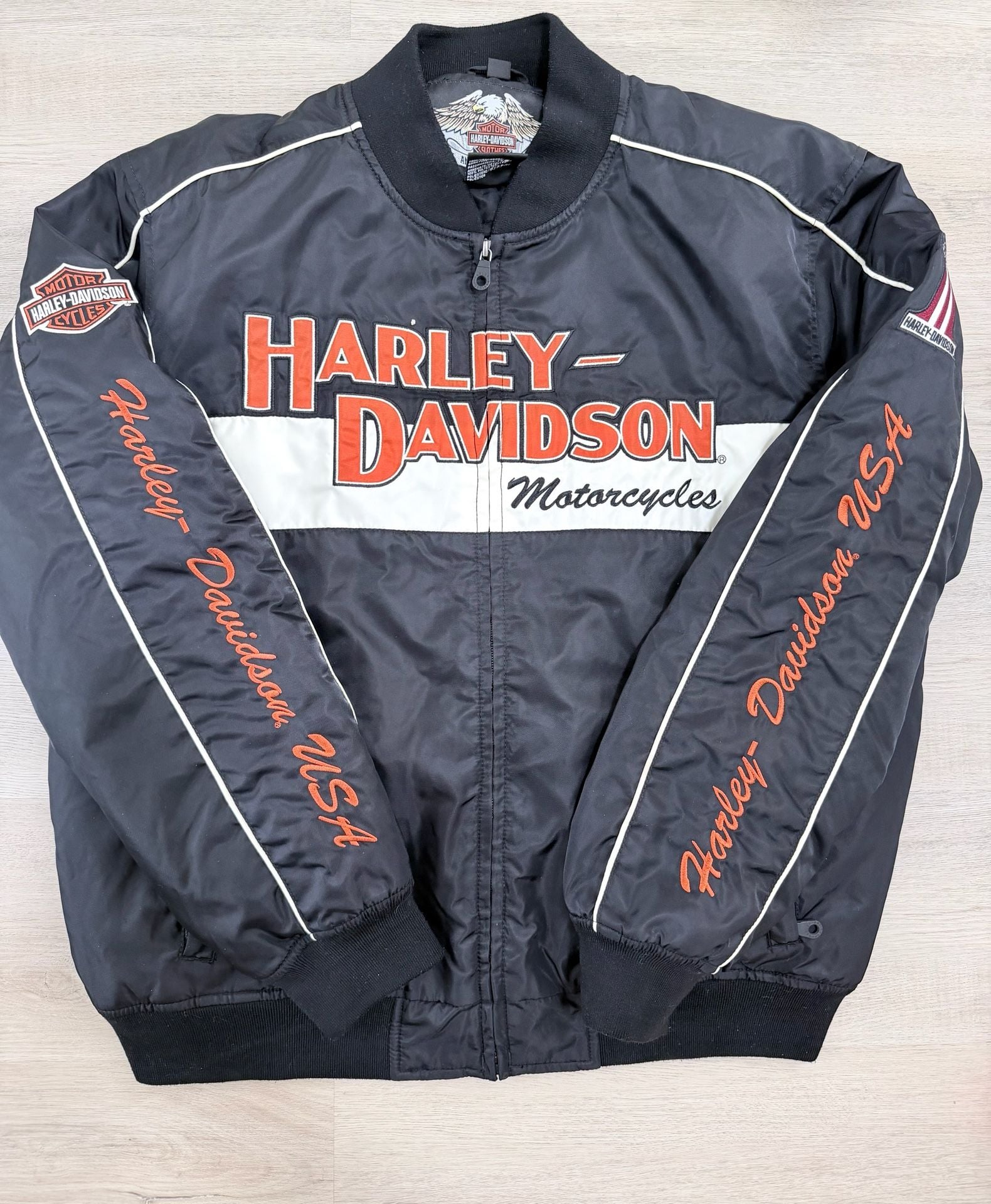 Vintage Harley Davidson Bomber Jacket Size L Black Nylon Embroidered 14