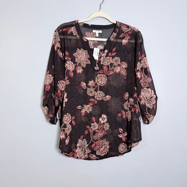 Maurices sheer Floral Print Blouse Large Black Rose Shimmer