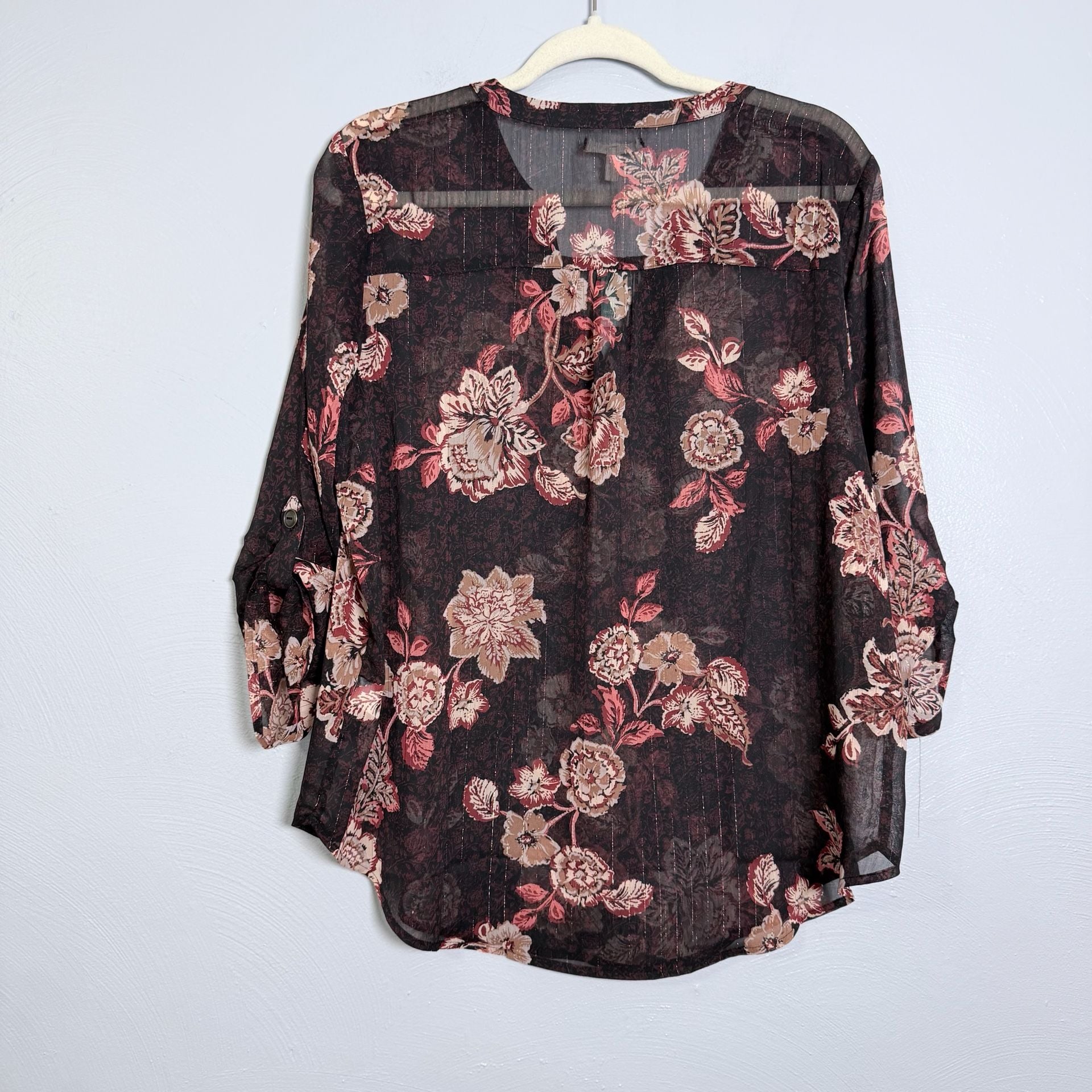 Maurices sheer Floral Print Blouse Large Black Rose Shimmer 3