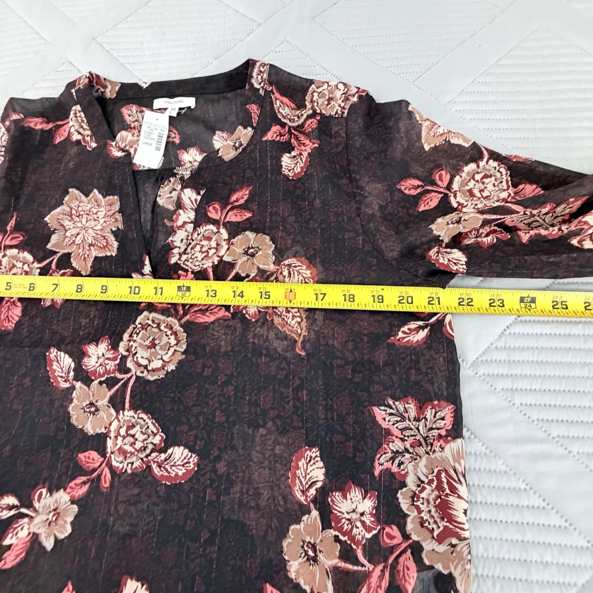 Maurices sheer Floral Print Blouse Large Black Rose Shimmer 5