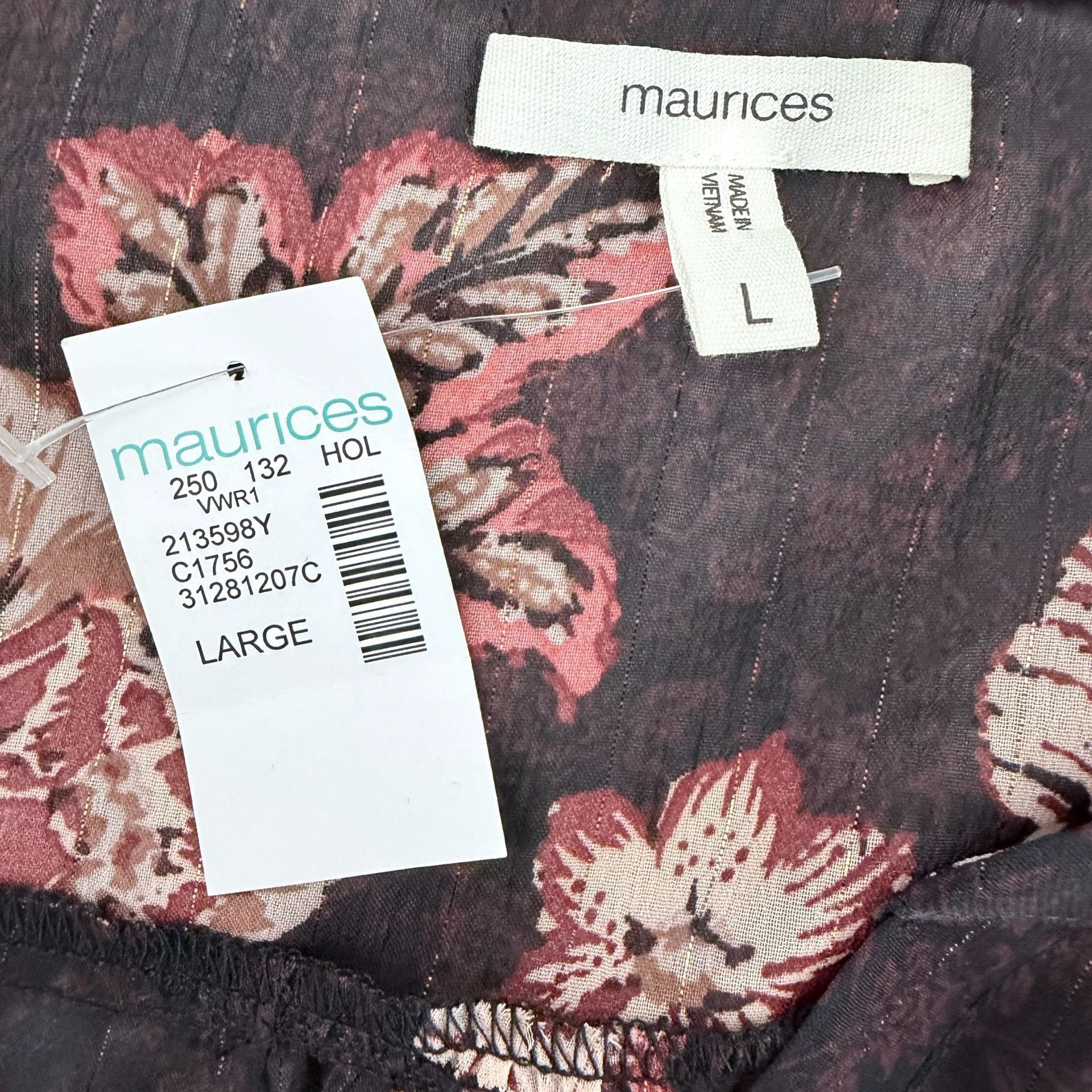 Maurices sheer Floral Print Blouse Large Black Rose Shimmer 6