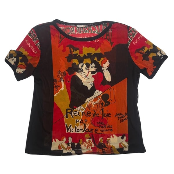 Vintage Toulouse Lautrec Reina De Joie Mesh Art Top Red Black