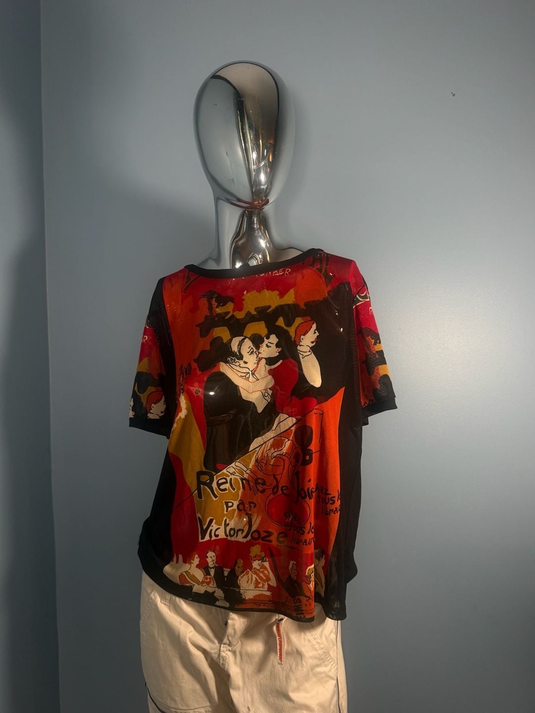 Vintage Toulouse Lautrec Reina De Joie Mesh Art Top Red Black 5