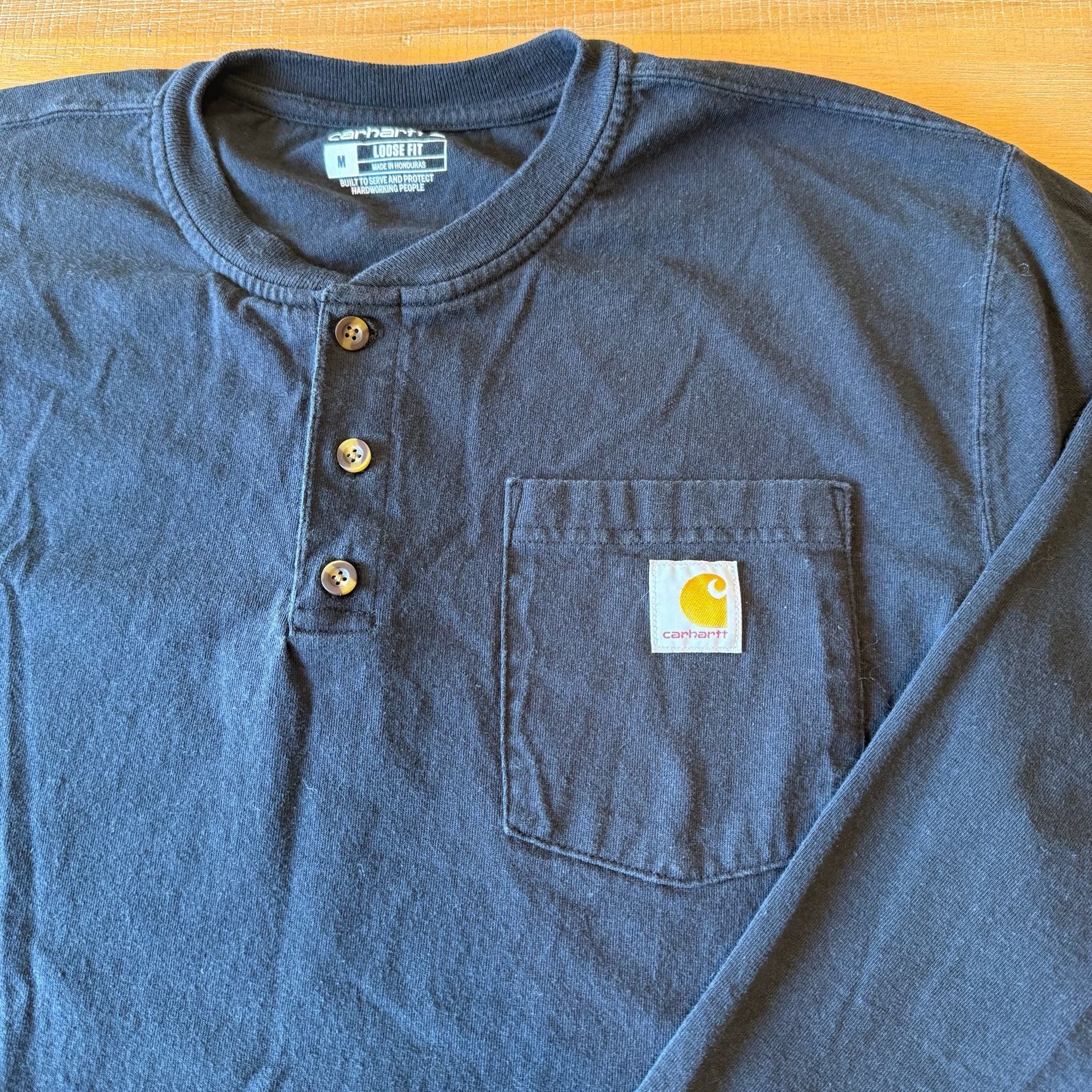 Carhartt K128 Henley Shirt M Black Long Sleeve Heavyweight Pocket Tee Loose Fit 10