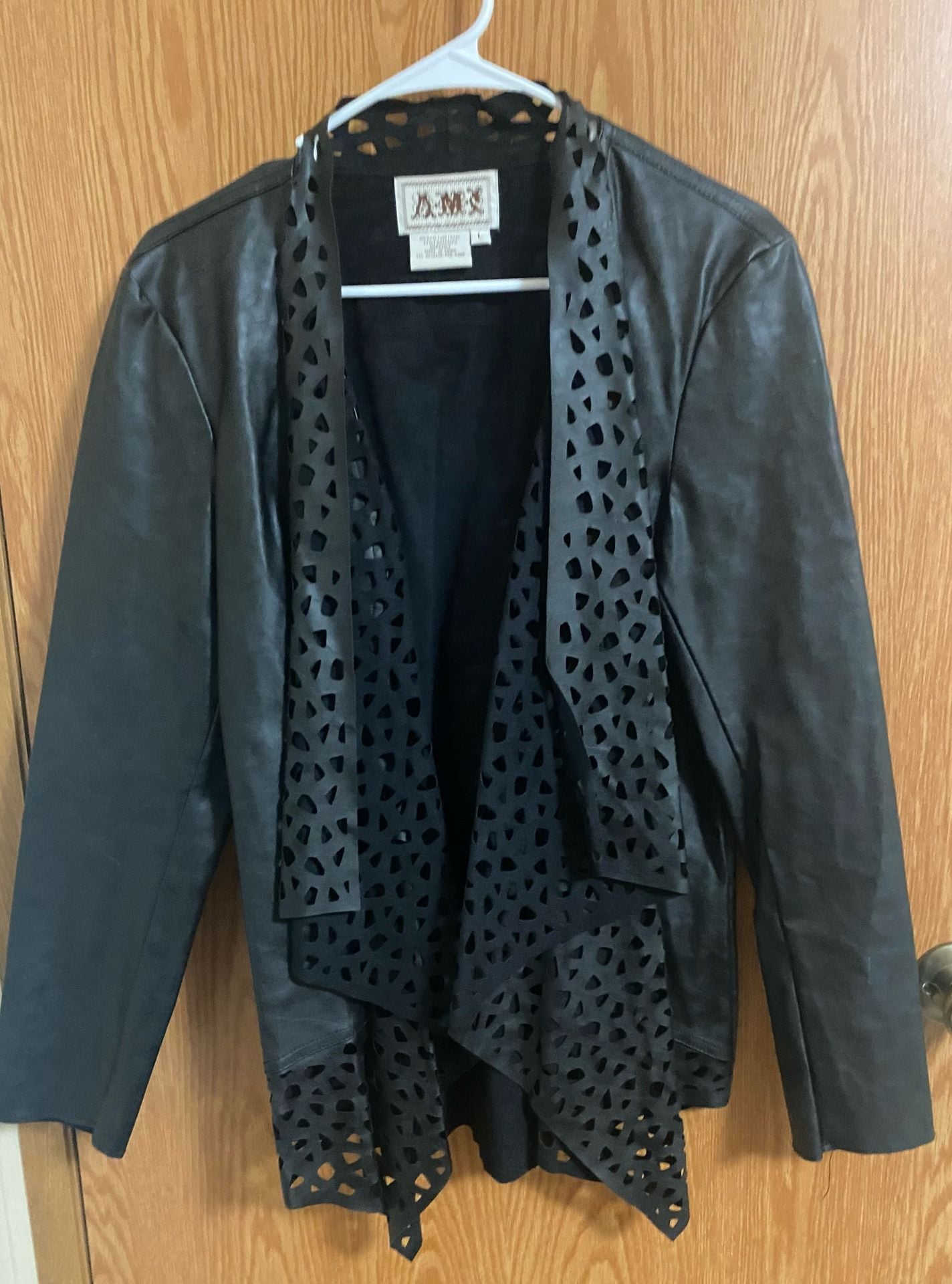 AMX Faux Leather Jacket Size L Black Laser Cut Open Front 2