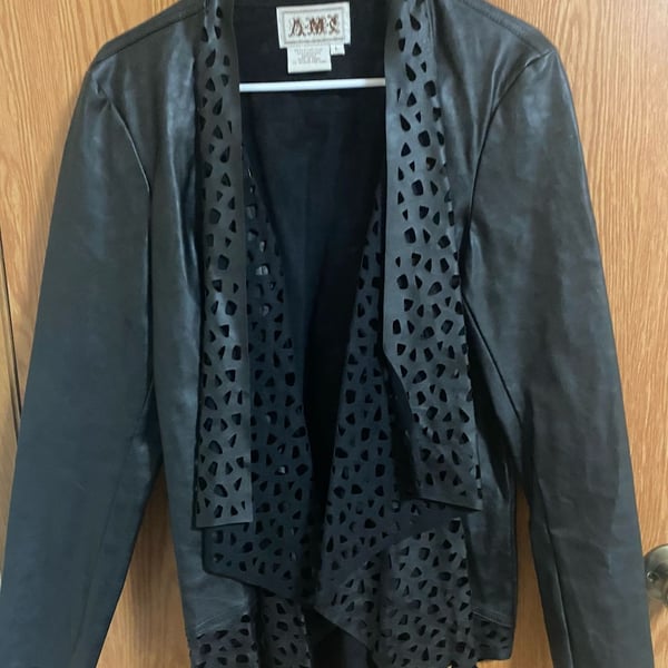 AMX Faux Leather Jacket Size L Black Laser Cut Open Front