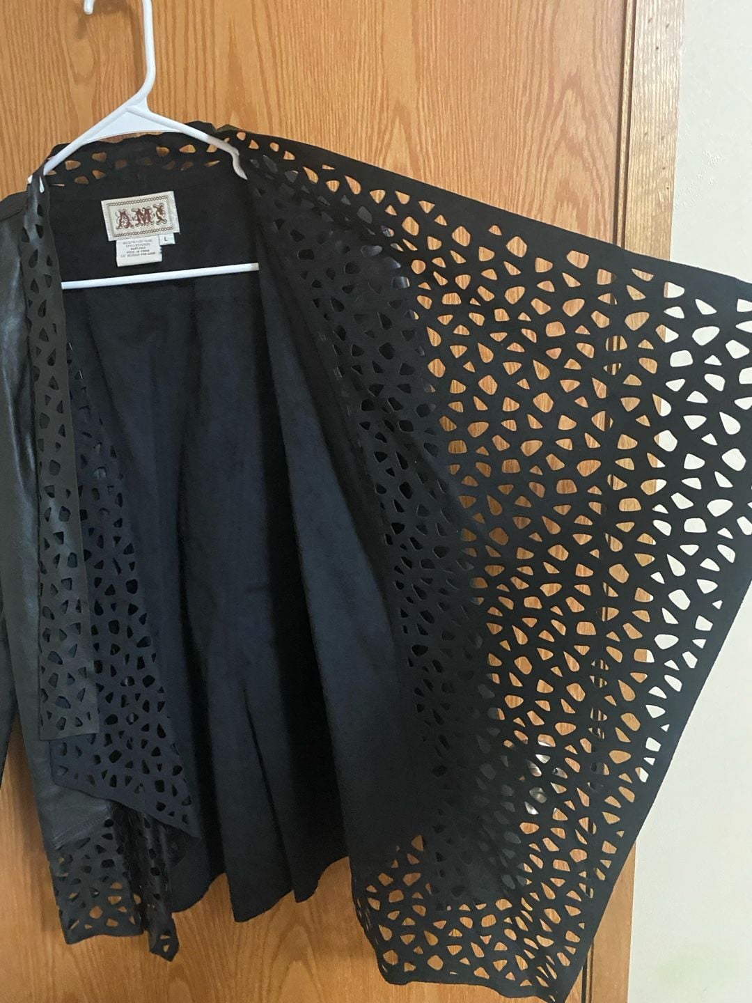AMX Faux Leather Jacket Size L Black Laser Cut Open Front 4