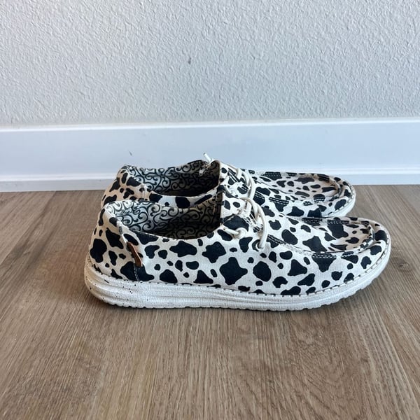 Hey Dude, Wendy Milky Way Cow Print, Womans Slip Ons, Black/White, 11