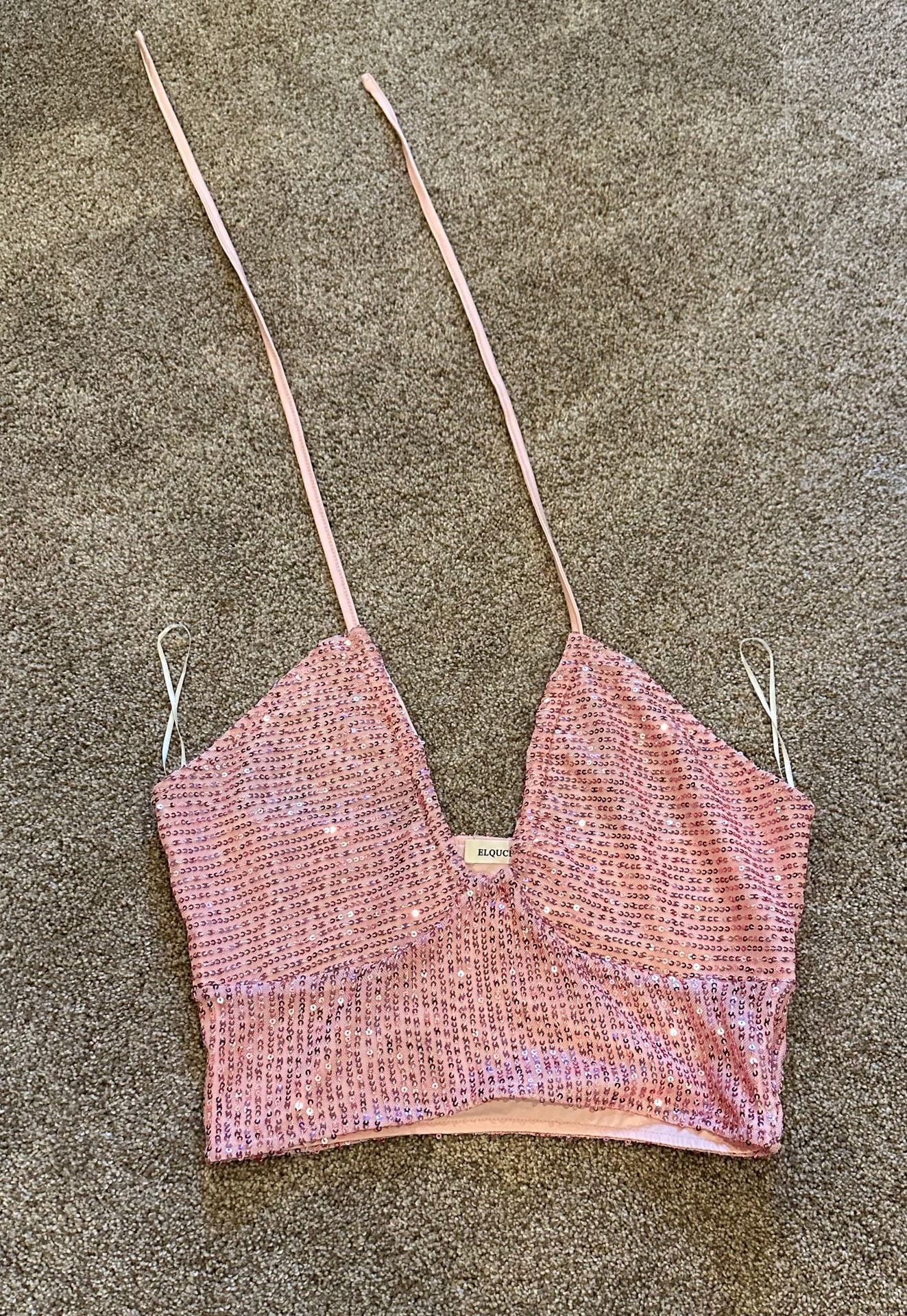 Elquator Sequin Halter Crop Top Pink Sparkle 2