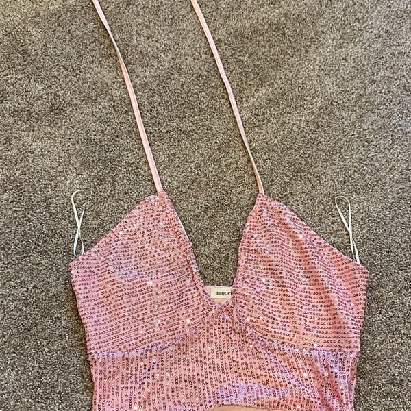 Elquator Sequin Halter Crop Top Pink Sparkle