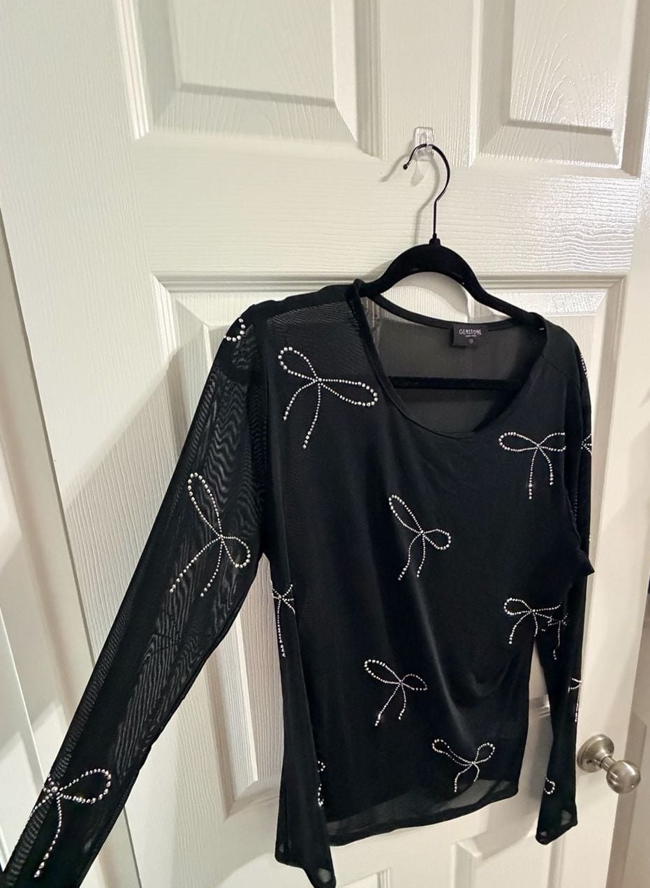Y2K Rhinestone Bow Mesh Top Black Gemstone Long Sleeve Baby Tee 2