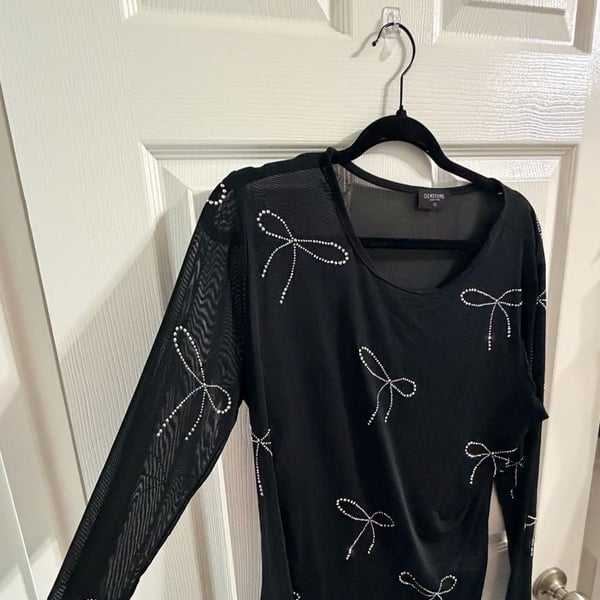 Y2K Rhinestone Bow Mesh Top Black Gemstone Long Sleeve Baby Tee