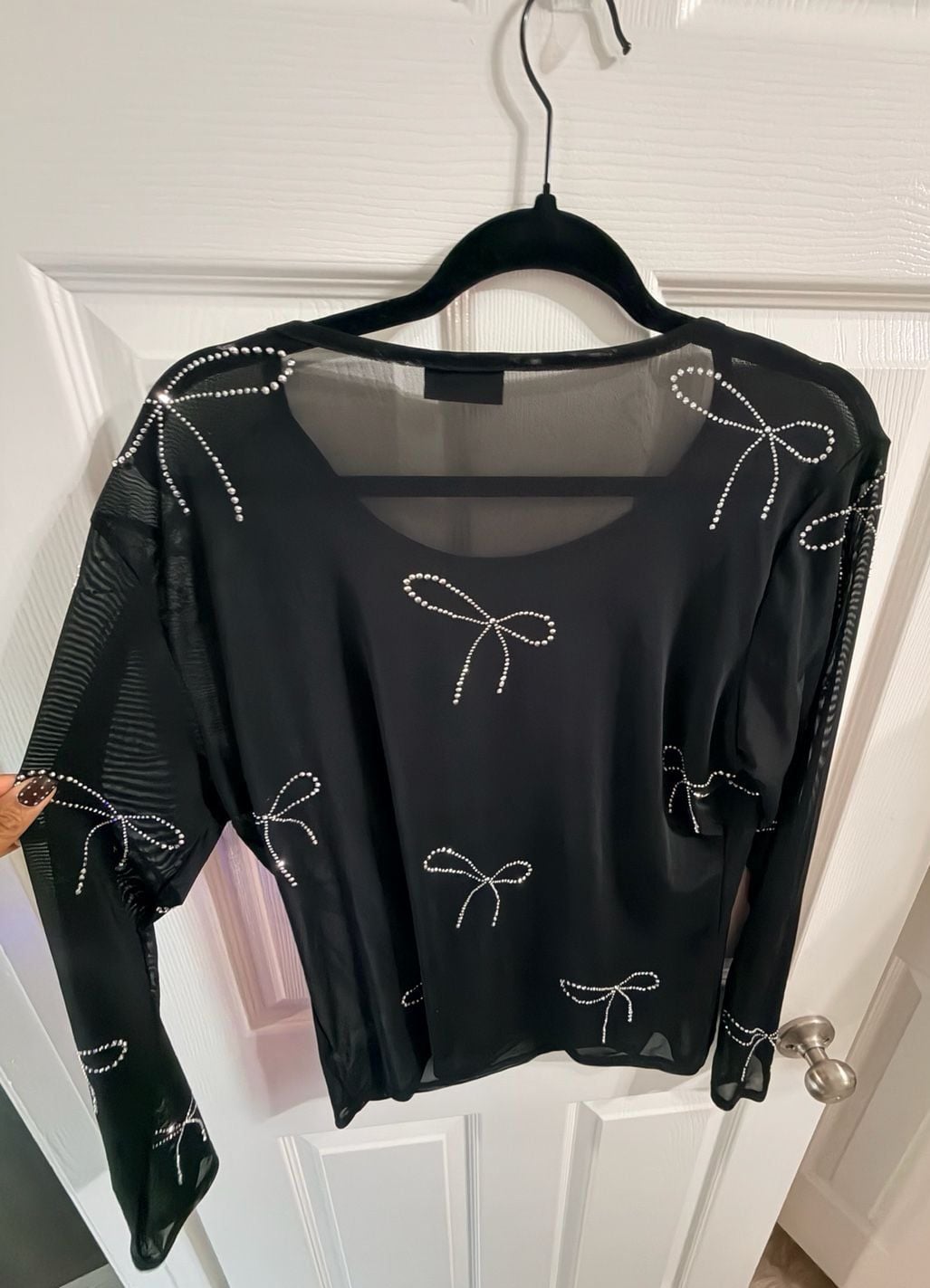 Y2K Rhinestone Bow Mesh Top Black Gemstone Long Sleeve Baby Tee 3
