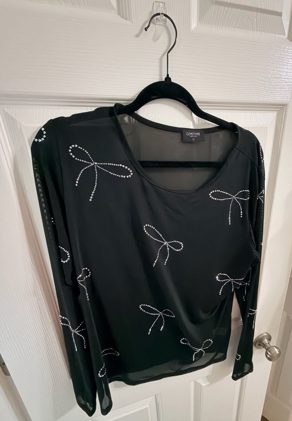 Y2K Rhinestone Bow Mesh Top Black Gemstone Long Sleeve Baby Tee 5
