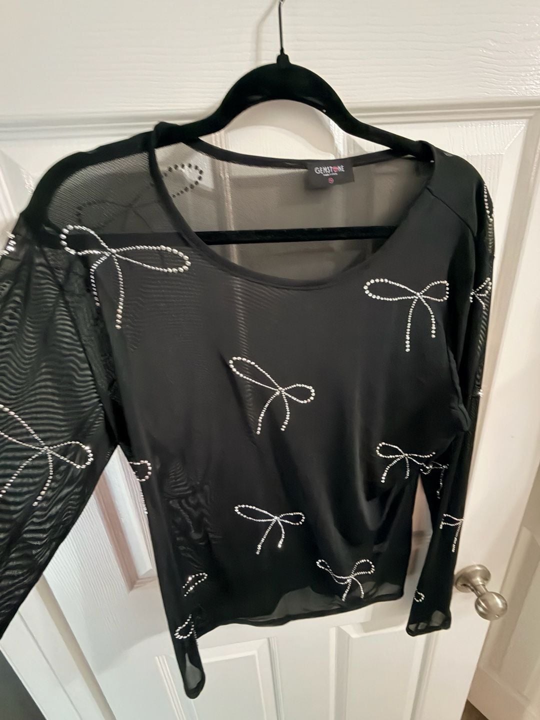 Y2K Rhinestone Bow Mesh Top Black Gemstone Long Sleeve Baby Tee 4