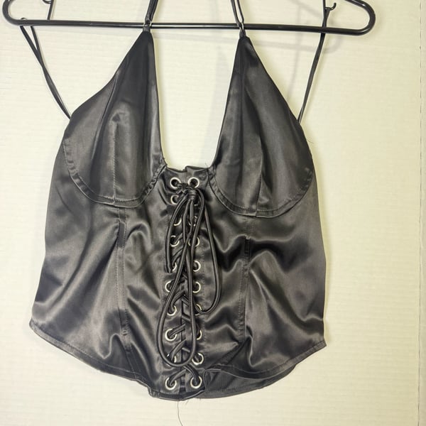 Heres & Mie Halter Corset Crop Top Size M Black Satin Lace-Up
