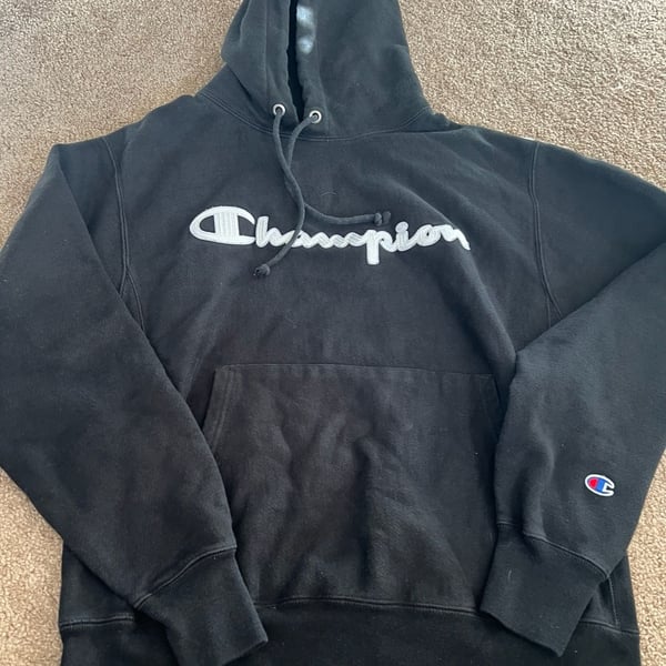 Champion Reverse Weave Hoodie Size Medium Black Script Logo
