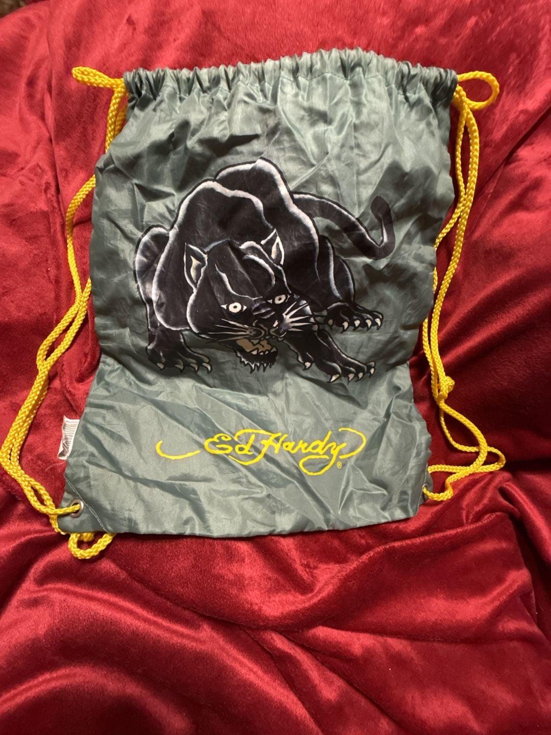 Ed Hardy Panther Drawstring Bag Green w/Yellow straps 2