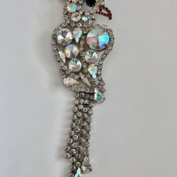 Vintage Aurora Borealis Rhinestone Parrot Bird Dangle Brooch Pin